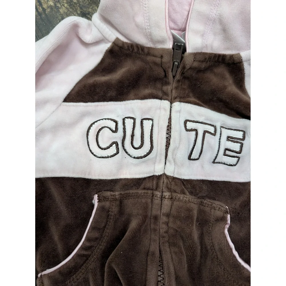 Vintage Miniwear Baby Girls Brown Pink Velour Tracksuit Hoodie Pants Set- 12 MO